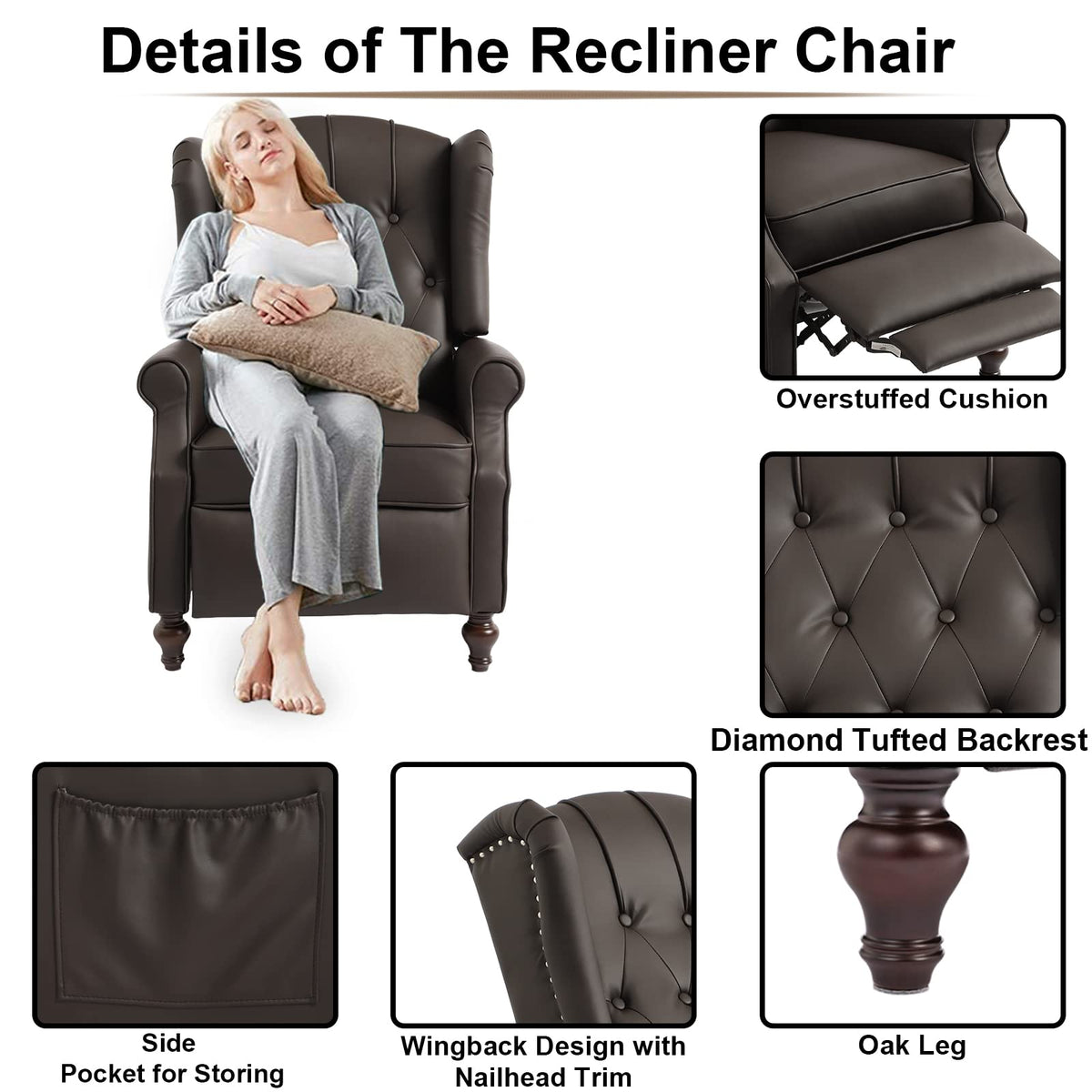 IPKIG Wingback Pushback Recliner Chair - Mid Century Recliner Armchair with Massage and Heat, Rivet Decoration, Button-Tufted Back, Solid Wood Legs for Living Room, Bedroom, Office(Beige)