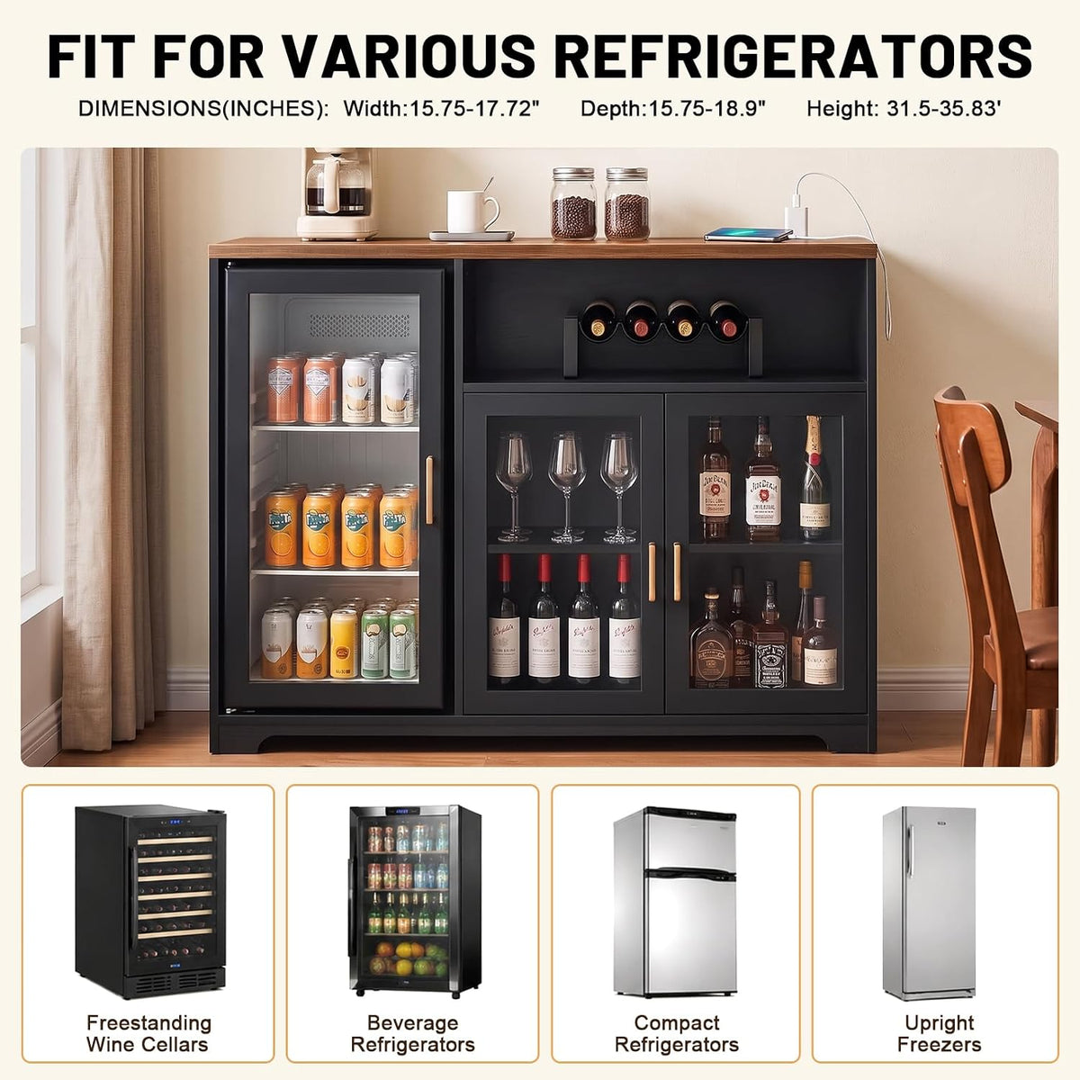 54â Coffee Bar Cabinet with Fridge Space, Smart LED Light, Black