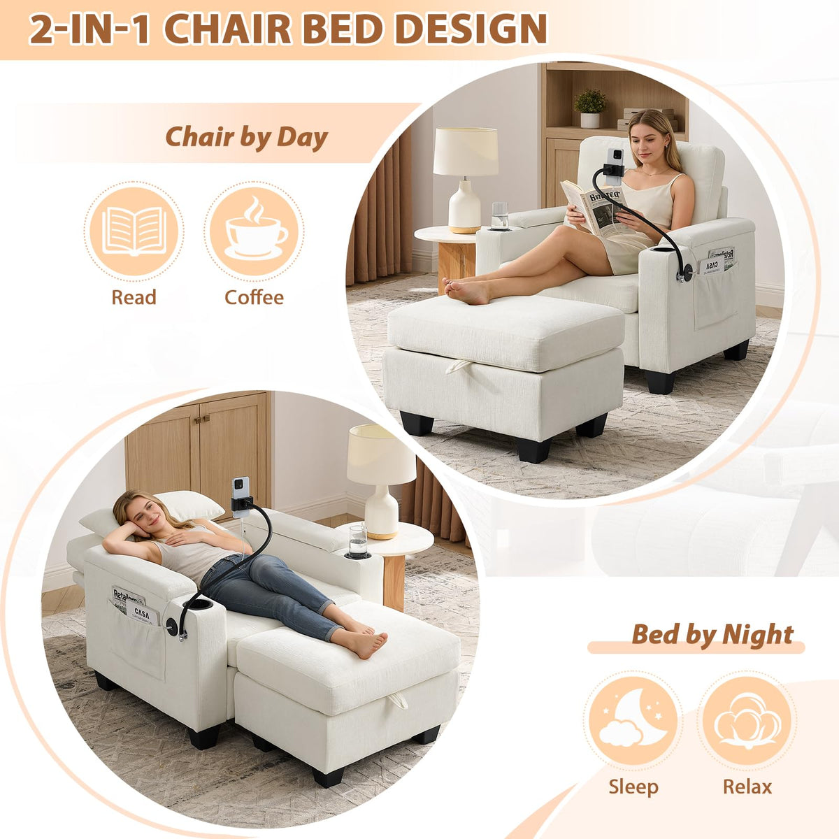 Oversized Chaise Lounge Chair Indoor, Single Convertible Recliner Reading Arm Sofa Chair W/Adjustable Backrest & Charging Port Couch Bed for Living Room, Home Theater & Bedroom, Brown