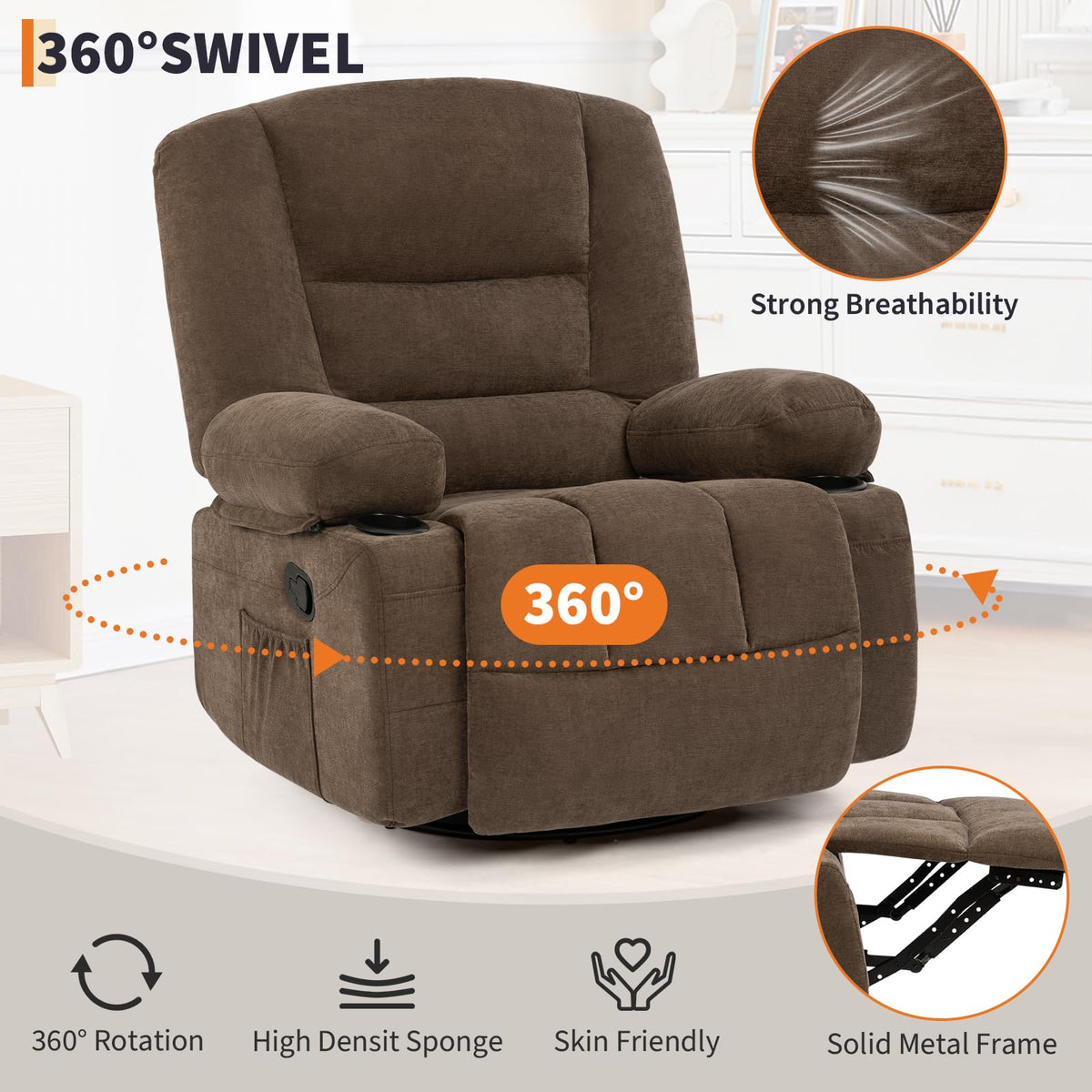 Garvee Oversized Recliner Chair,Extra Wide 360Â° Swivel Rocker Massage Heat