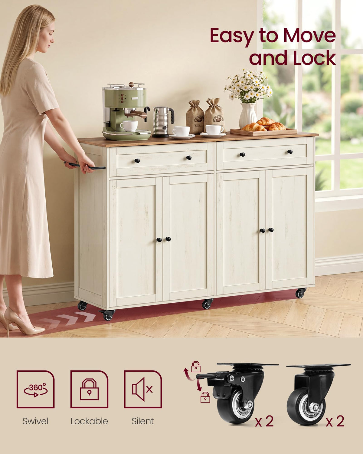 VASAGLE Mobile Kitchen Wooden Island Cart with Storage for Dining Room