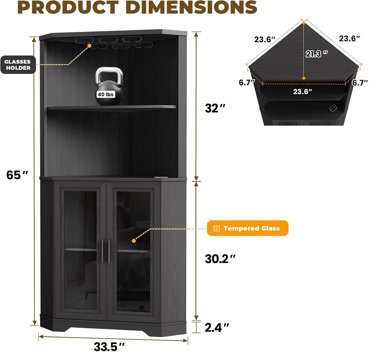 65" Tall Corner Bar Cabinet with LED Lights & Glass Holder
