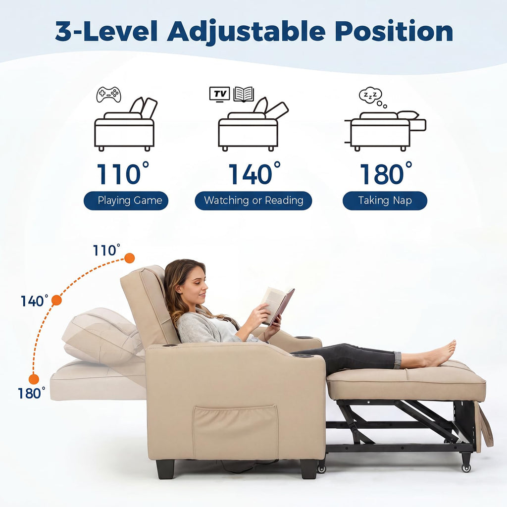 Sleeper Chair Pull Out Bed, 4 in 1 Convertible Sofa Chair Bed with Vibration Massage Lumbar Pillow, Single Sofa Recliner with USB/Type-C Port, Cup Holders and Side Pocket for Small Spaces (Black)
