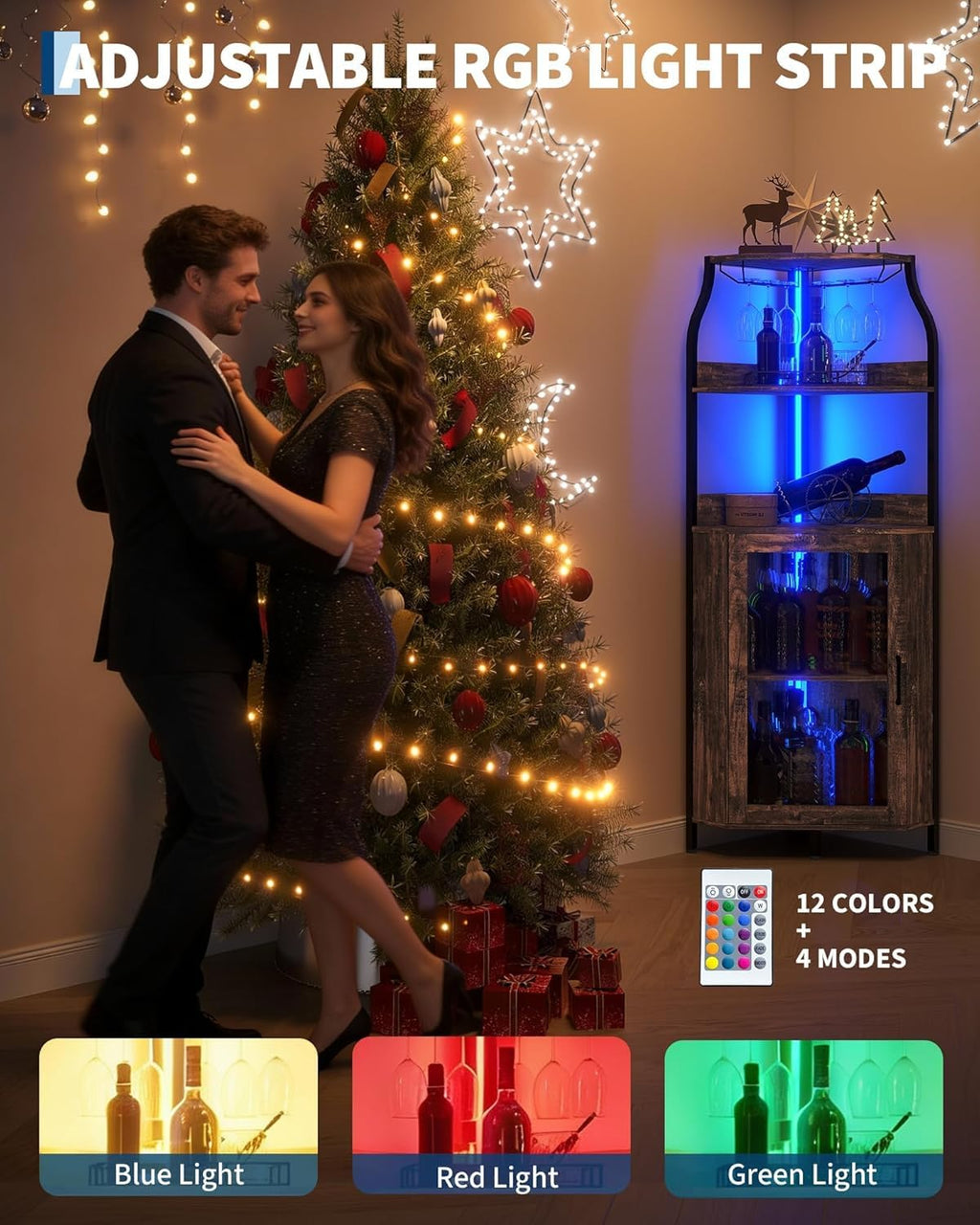 Garvee 72-Inch Industrial Corner Wine Cabinet with Built-in Power Outlet and LED Strip, Mesh Door Liquor Storage with Glass Holder, 5-Tier Bar Display Unit for Home or Small Space, Sturdy Metal Frame