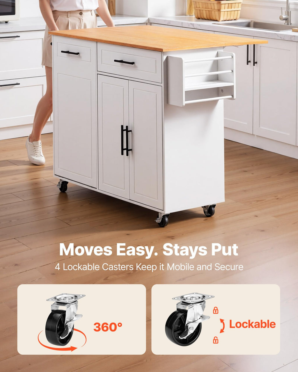 VEVOR Kitchen Island Cart with Storage, 42.28 in Wide Mobile Rolling Storage Island on Swivel Wheels, with Drawer, Storage Cabinet, Drop Leaf, Spice Rack, Table for Home Dining Room, White