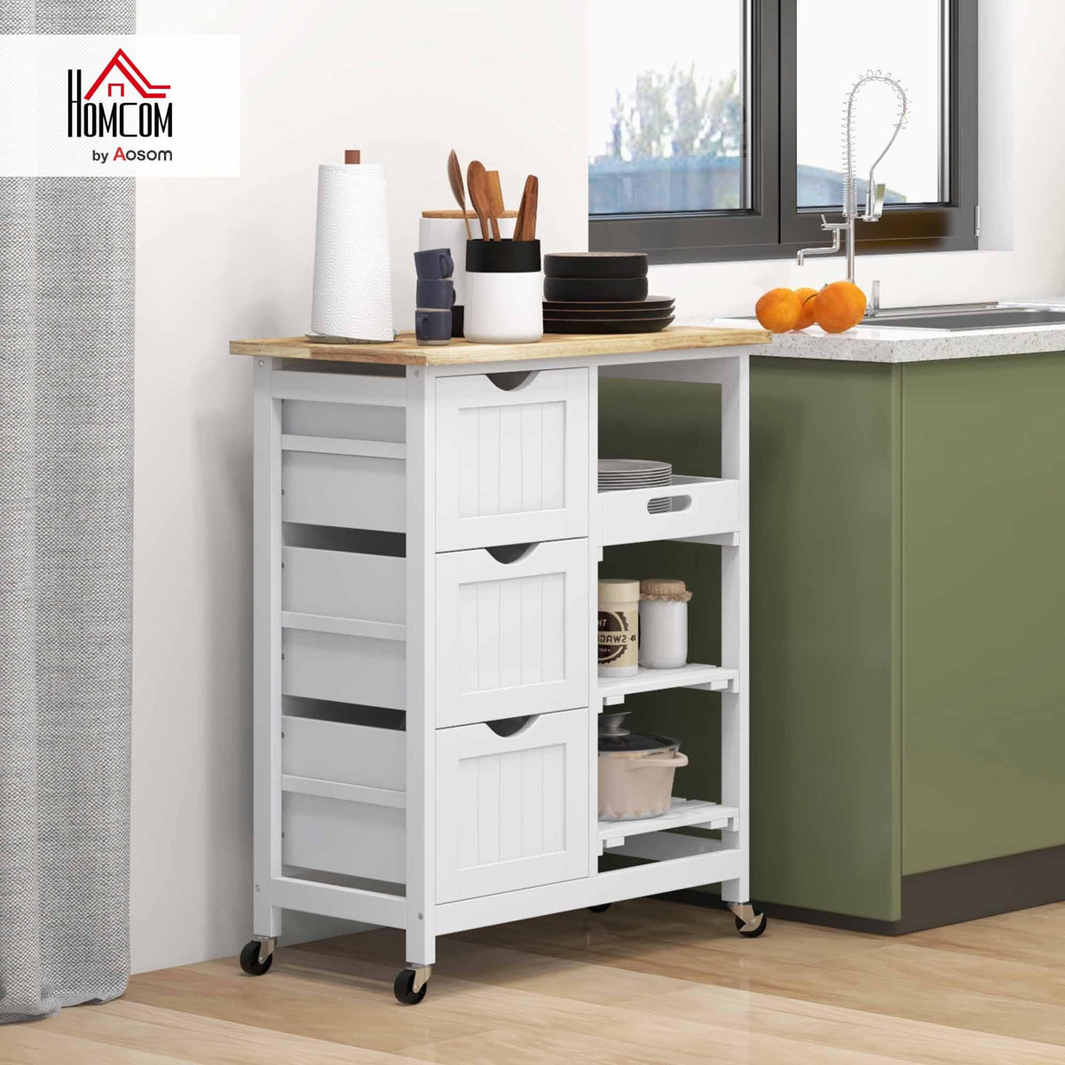 HOMCOM Kitchen Island Cart, Rolling Kitchen Island, Wood Top, Gray