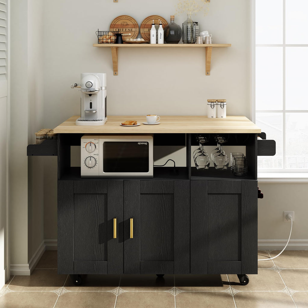 ASTRONAPE Rolling Kitchen Island Cart with Storage, Mobile Kitchen Island with Power Outlet, Large Wood Top, Drawers & Cabinets for Dining Room (White, Model 1)