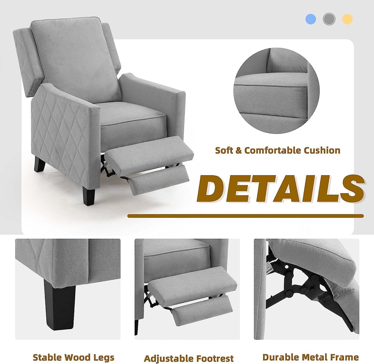 AVAWING Push Back Recliner Chair, Grey Wingback Accent Armchair Set of 2