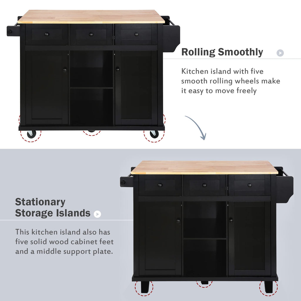 Large Kitchen Island with Rubber Wood Drop Leaf and Silver Handle