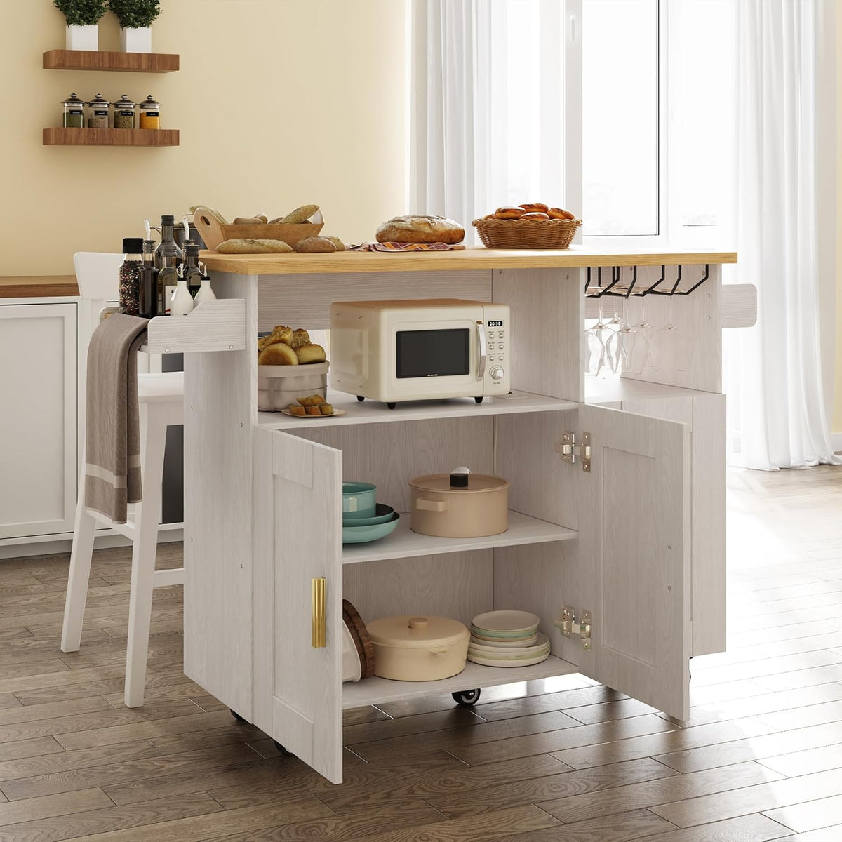 ASTRONAPE Rolling Kitchen Island Cart with Storage, Mobile Kitchen Island with Power Outlet, Large Wood Top, Drawers & Cabinets for Dining Room (White, Model 1)