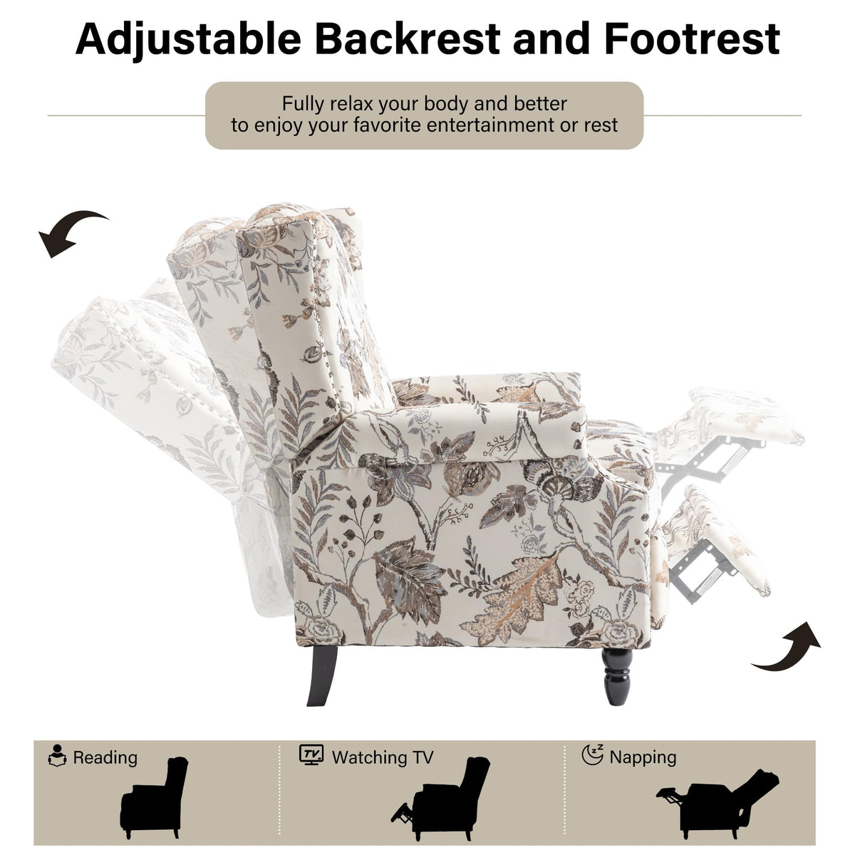 Wingback Floral Pushback Recliner Chair, Plants Beige, Set of 2