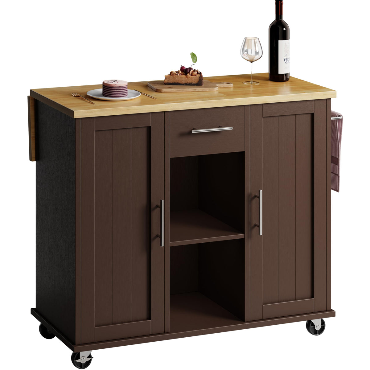 SUNLEI Rolling Kitchen Island Cart with Wheels, Island Table for Kitchen, Farmhouse Kitchen Cart with Drop Leaf & Towel Rack & Drawer, Kitchen Islands Table with Storage Cabinet, Grey