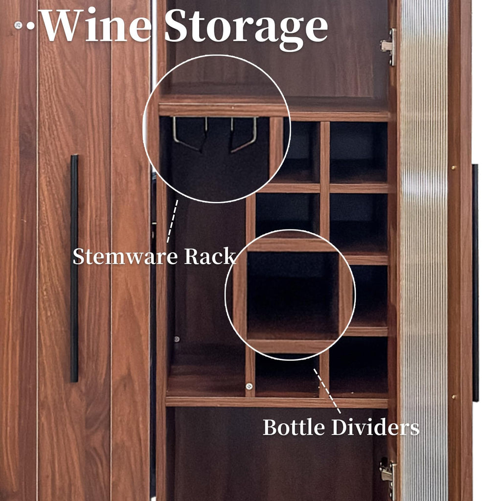 JOYSOURCE Kitchen Hutch Cabinet with 5-Tier Pull-Out Storage Shelves Tall Kitchen Pantry Wine Cabinet Slim Liquor Cabinet with Reeded Glass Door Bottle Dividers & Stemware Rack White