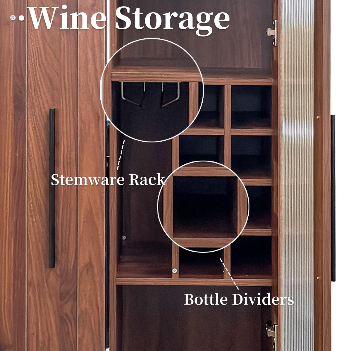 JOYSOURCE Kitchen Hutch Cabinet with 5-Tier Pull-Out Storage Shelves Tall Kitchen Pantry Wine Cabinet Slim Liquor Cabinet with Reeded Glass Door Bottle Dividers & Stemware Rack White