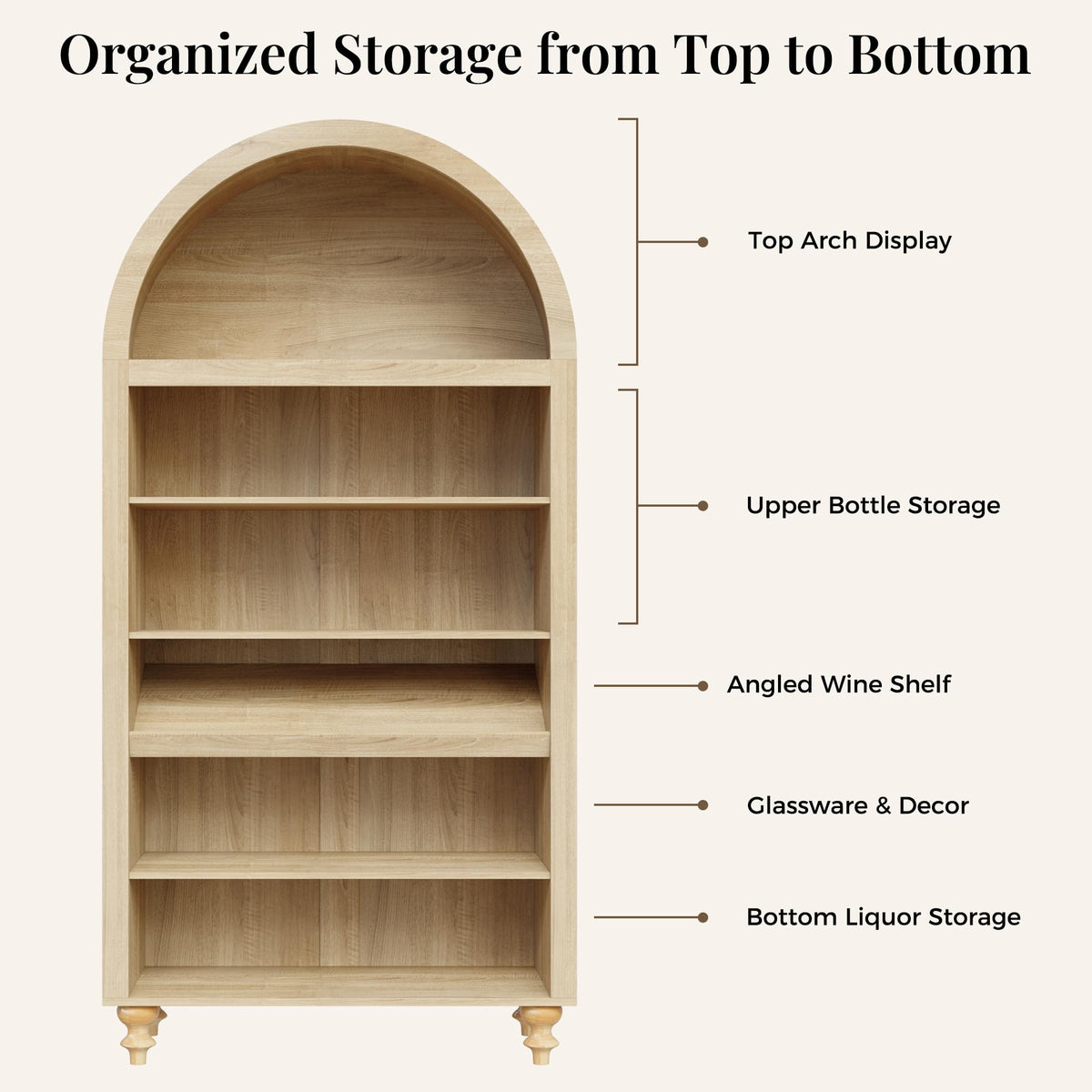 71" Tall Arched Wine Bar Cabinet with Wine Racks & Glass Holder, Wide Liquor Cabinets with LED Lights & Charing Ports, Kitchen Pantry Cupboard, Coffee Bar Storage Cabinet for Home, Dining Room (Oak)