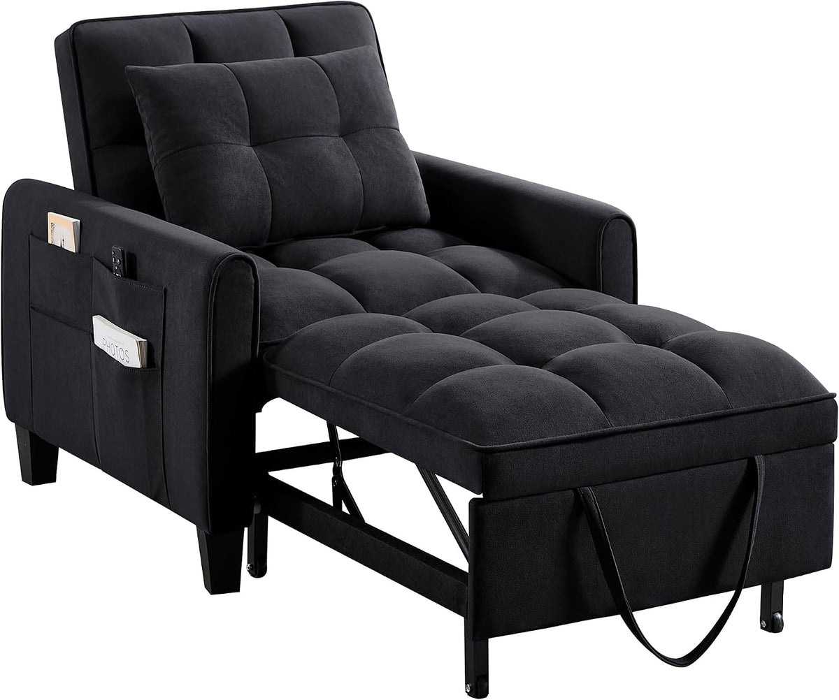 Convertible Sleeper Chair, 3 in 1 Sleeper Chair Bed Pull Out Sofa Bed Chairs, Single Sofa with Adjustable Backrest for Adults Reading Living Room, Bedroom, Black