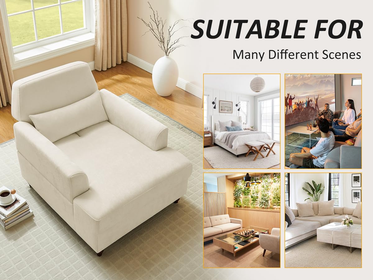 Oversized Chaise Lounge Chair with Adjustable Backrest, Polyester White