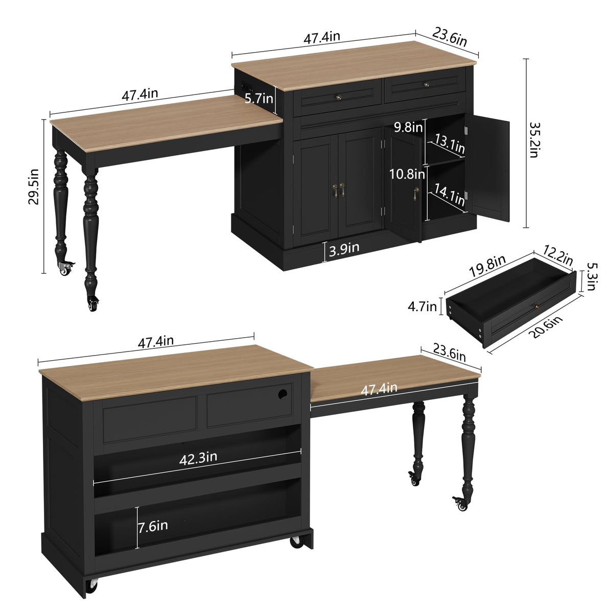 HLR 94.8" Kitchen Island with Extendable Table & Power Outlet, White