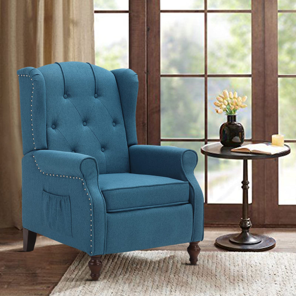Wingback Recliner Chair - Tufted Arm Chair Recliner - Fabric Push Back Single Sofa for Living Room Adjustable Backrest (Blue Floral)