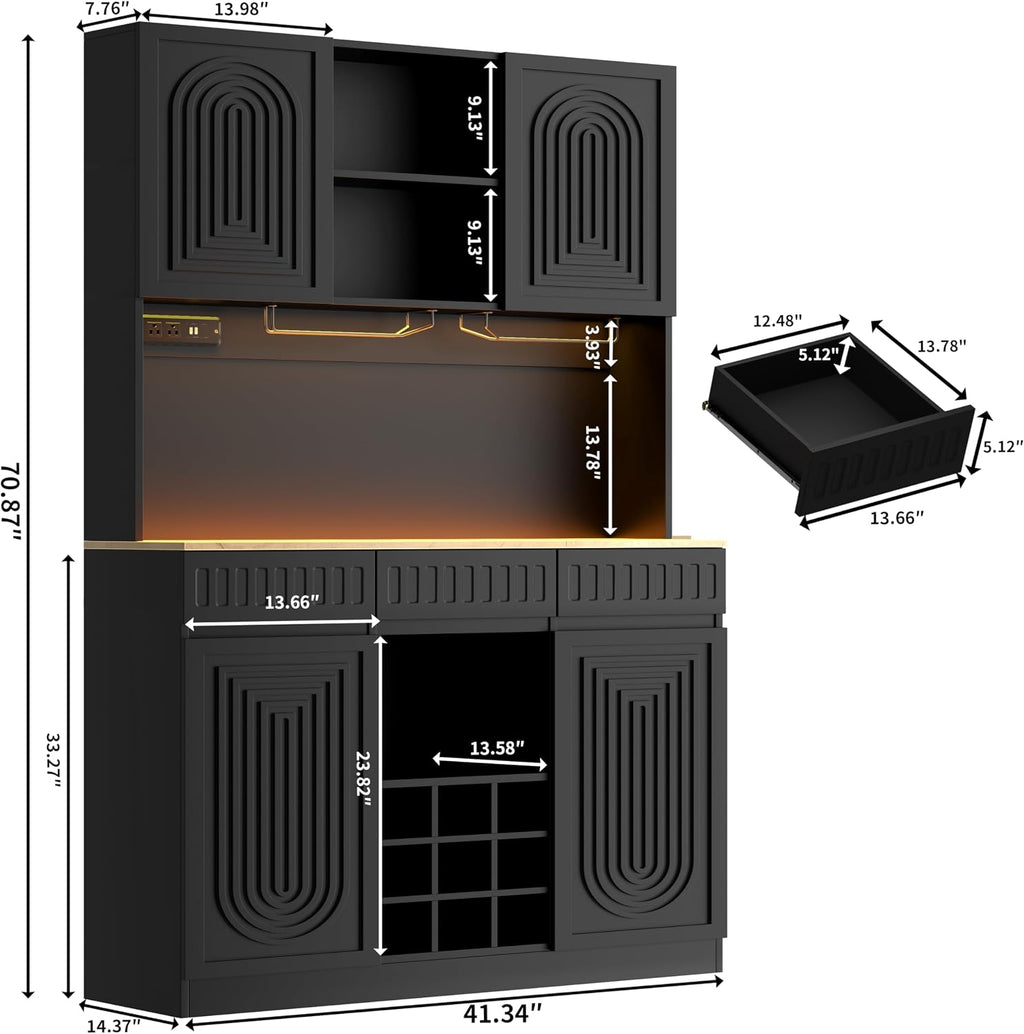 71" Tall Bar Cabinet w/ LED & Power Outlet, Pantry Hutch w/ Microwave Shelf