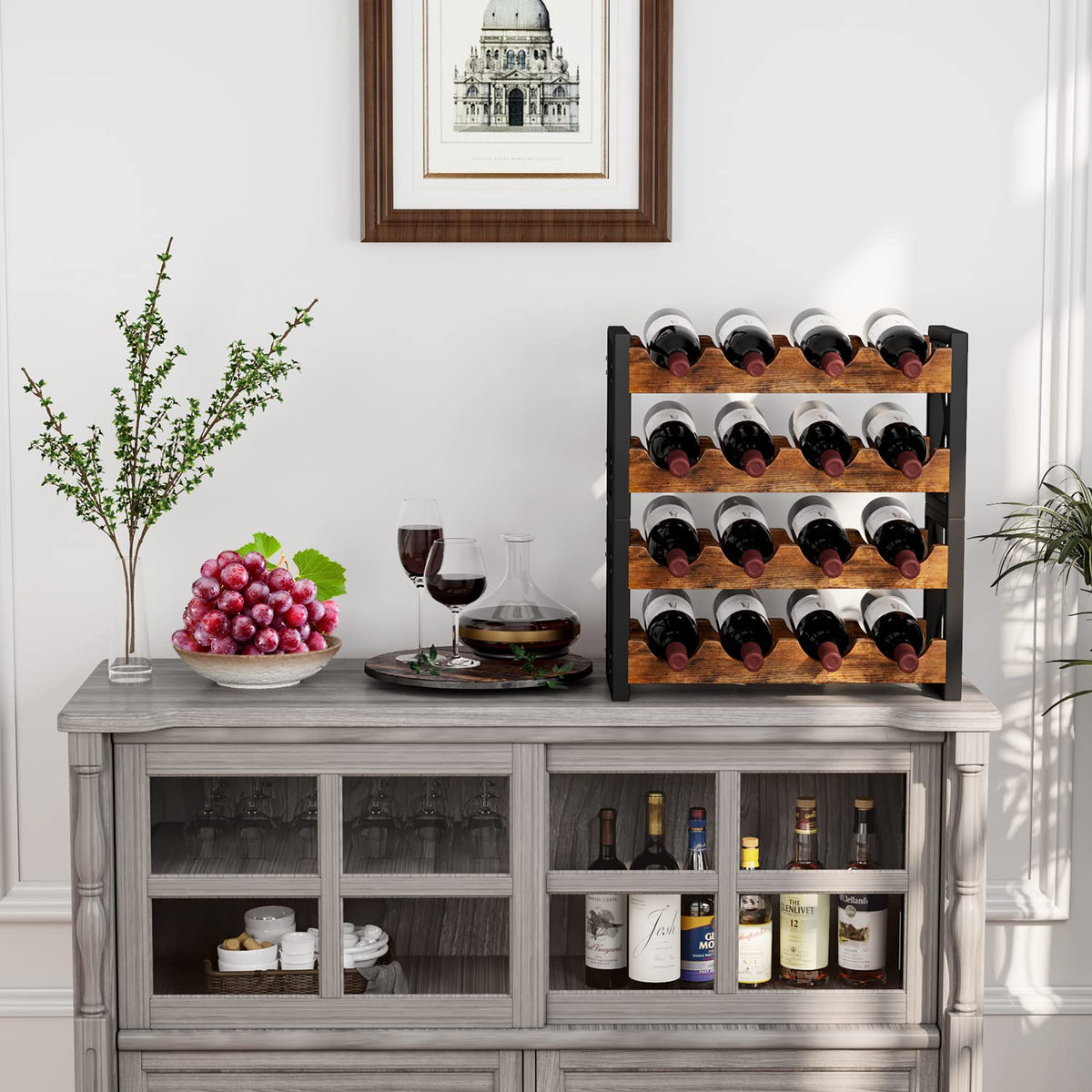 Homeiju 56-Bottle Wine Rack Freestanding Floor, Wooden Wine Storage Shelf, Stackable Wine Rack with Tabletop for Living Room,Kitchen or Wine Cellar