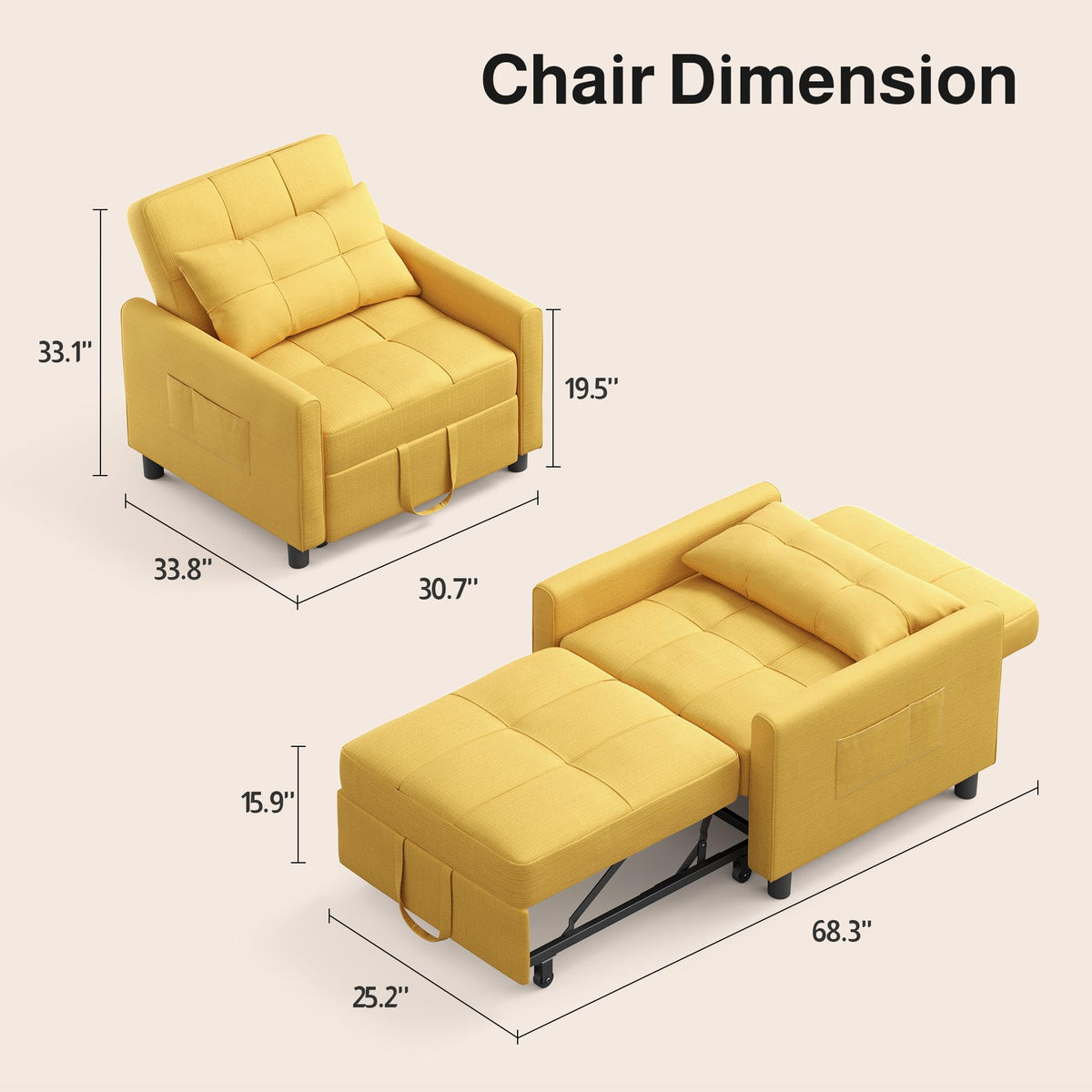 Ahomly Convertible Sofa Chair Bed, 3-in-1 Linen Pull Out Chair, Dark Gray
