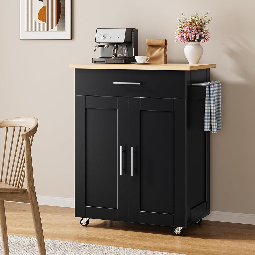 OtterOasis Mobile Kitchen Island on Wheels, Large Drawer, Black