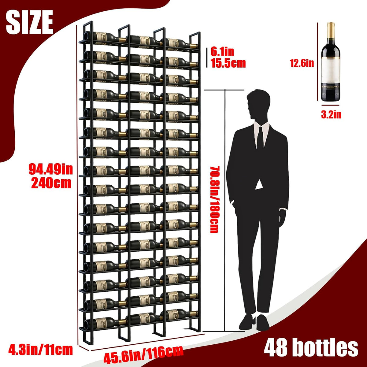 Large Wall Mounted Wine Rack, (Gold, 3 Cols (48 Bottles))