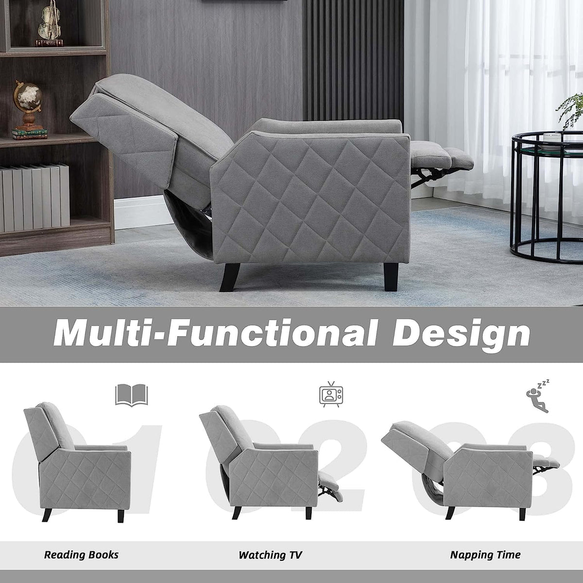 AVAWING Push Back Recliner Chair, Grey Wingback Accent Armchair Set of 2
