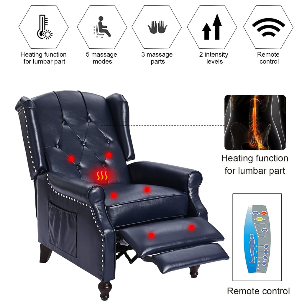 Wingback Recliner Chair - Tufted Arm Chair Recliner - Fabric Push Back Single Sofa for Living Room Adjustable Backrest (Blue Floral)