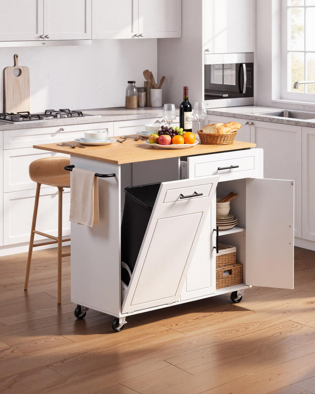 VEVOR Kitchen Island Cart with Storage, 42.28 in Wide Mobile Rolling Storage Island on Swivel Wheels, with Drawer, Storage Cabinet, Drop Leaf, Spice Rack, Table for Home Dining Room, White