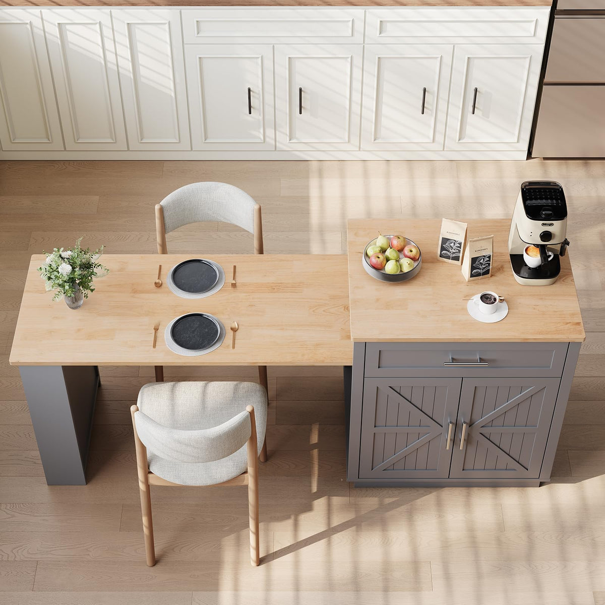 48"-76" Kitchen Islands with Extendable Dining Table, 2-4 People, White