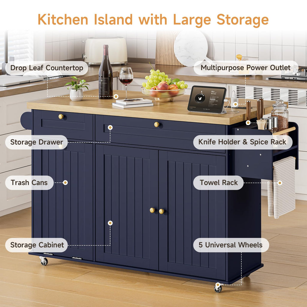 ONBRILL 60" Kitchen Island with Trash Can Storage, Rolling Island Table