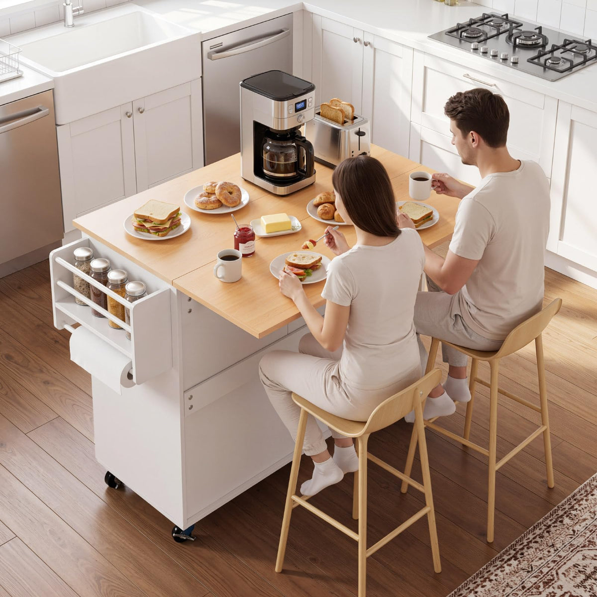 VEVOR Kitchen Island Cart with Storage, 42.28 in Wide Mobile Rolling Storage Island on Swivel Wheels, with Drawer, Storage Cabinet, Drop Leaf, Spice Rack, Table for Home Dining Room, White