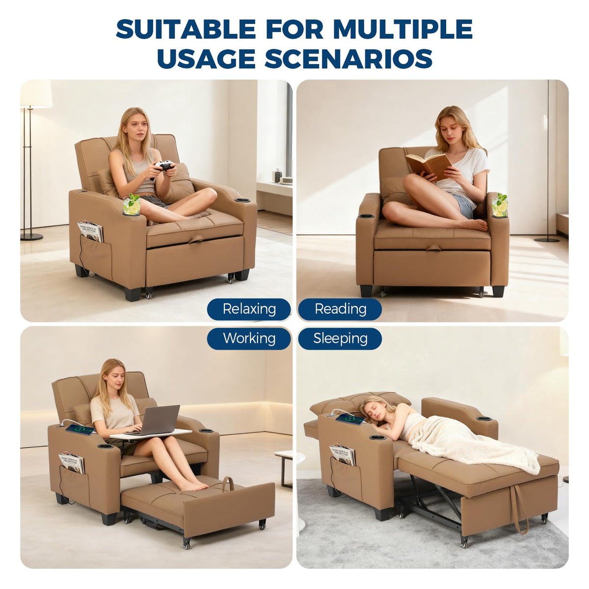 Sleeper Chair Pull Out Bed, 4 in 1 Convertible Sofa Chair Bed with Vibration Massage Lumbar Pillow, Single Sofa Recliner with USB/Type-C Port, Cup Holders and Side Pocket for Small Spaces (Black)