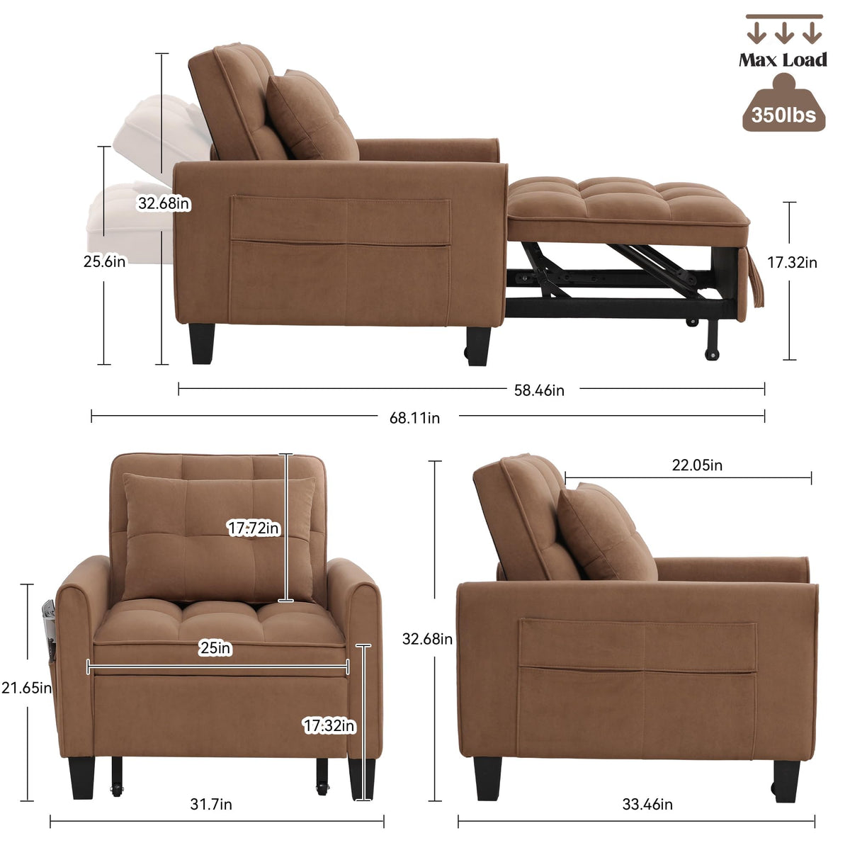 Convertible Sleeper Chair, 3 in 1 Sleeper Chair Bed Pull Out Sofa Bed Chairs, Single Sofa with Adjustable Backrest for Adults Reading Living Room, Bedroom, Black