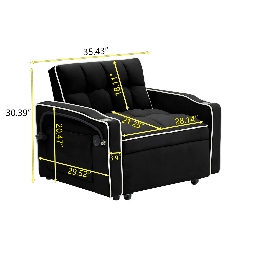 Convertible Sleeper Chair, Pull Out Sofa Bed with Adjustable Backrest & Hidden Storage Armrest, Single Sofa Recliner with USB Charging Port & Cup Holders for Living Room, Bedroom, Dark Gray