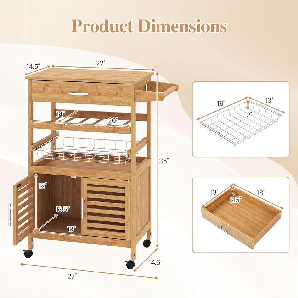 GIANTEX 27" Bamboo Kitchen Island Cart with Storage, Drawer, Wine Rack