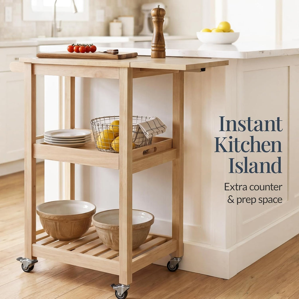 Best Choice Products Rolling Kitchen Island Cart W/Drop Leaf Extension, Solid Wood, Removable Tray, Storage Shelf, Towel Rack, Lockable Wheels, Space-Saving Coffee Cart, Microwave Stand
