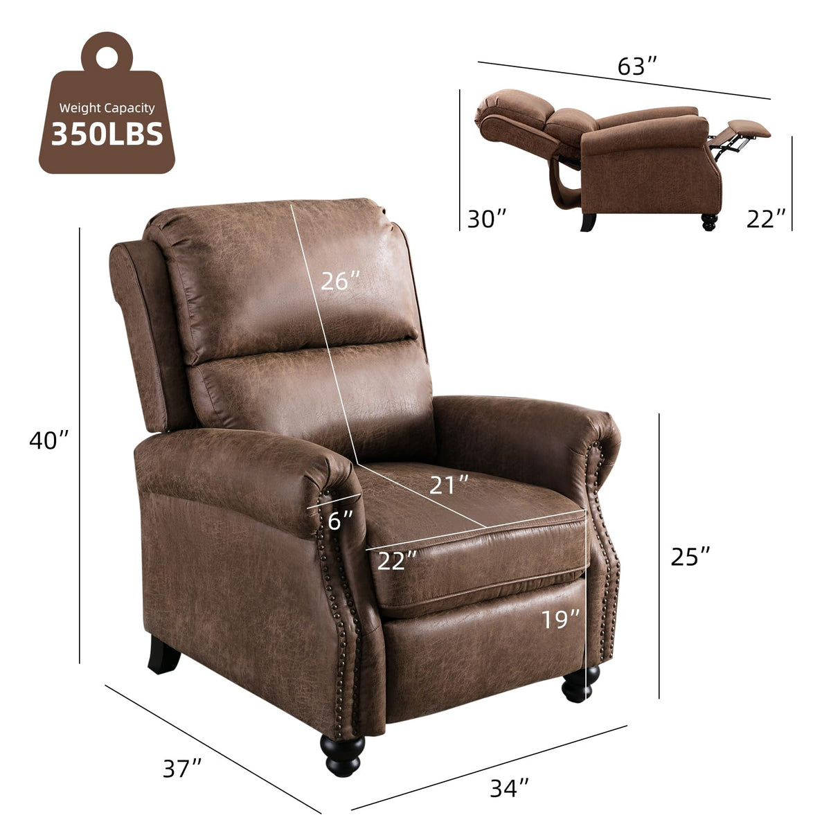 CANMOV Pushback Recliner Chair Faux Leather Armchair Push Back Recliner with Rivet Decoration Single Sofa Accent Chair for Living Room, Chocolate