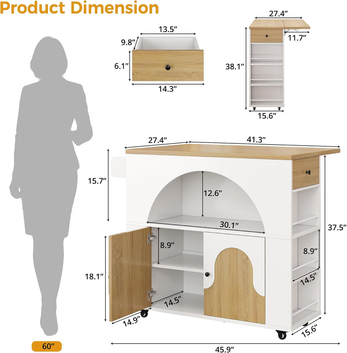 IRONCK 41.3" Kitchen Island with Drop Leaf &Open Shelf, White & Natural