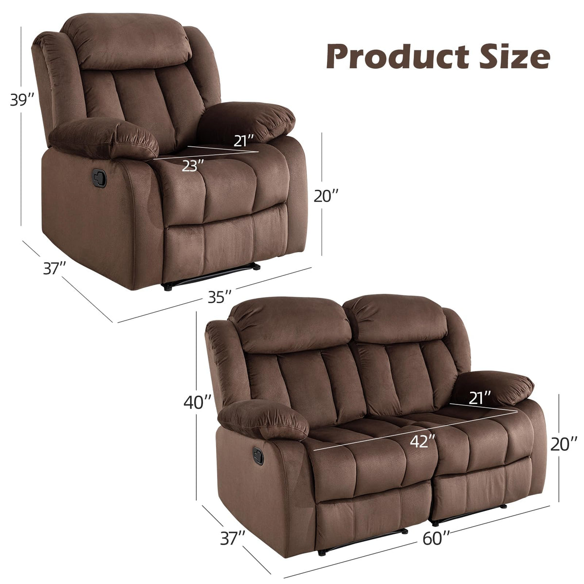 INZOY Manual Recliner Chair with Padded Armrest, Wall-Hugger Single Sofa Recliners with Overstuffed Back, Classical Fabric Reclining Chairs for Living Room Theater Seating, Brown