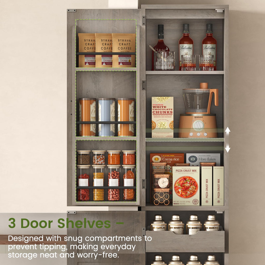 Itaar 71" Kitchen Pantry Cabinet with Charging Station and Led Light, Kitchen Storage Cabinets with Microwave Stand, 59" Wide Pantry Storage Cabinet with Storage Cart 3 Tier for Dining Room, White