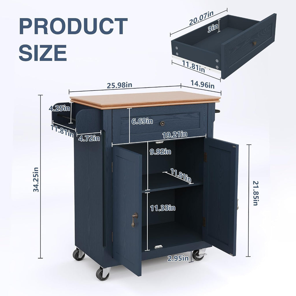 HLR 26'' Small Kitchen Island, Vintage Wood Kitchen Cart on Wheels, Blue