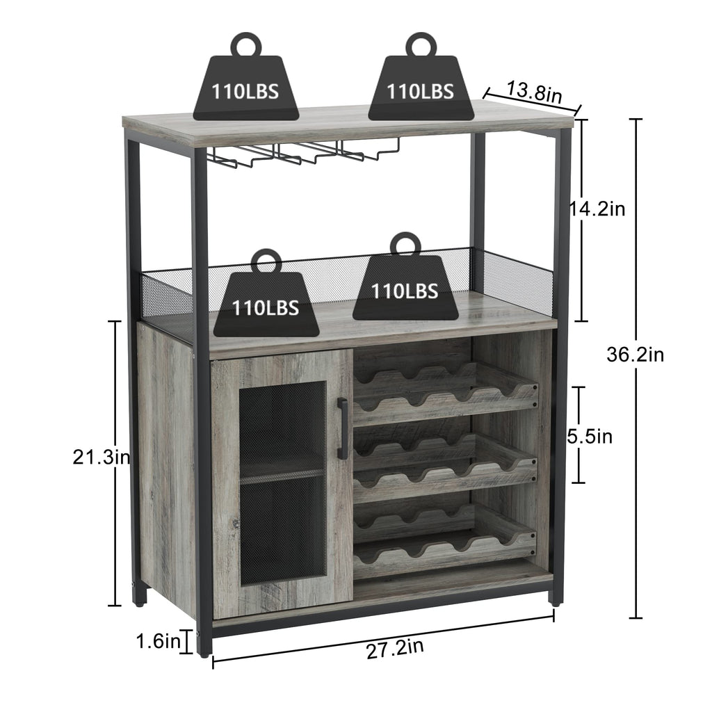 Wine Bar Cabinet, 3-Tier Detachable Wine Rack, Stemware Glass Holder, Mesh Door & Storage Shelves, Liquor Storage Buffet Sideboard for Kitchen, Dining Room, Living Room or Home Bar - Black