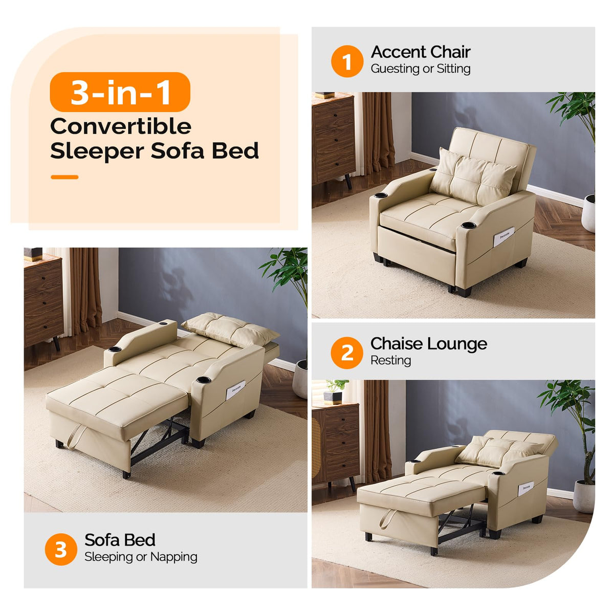 VINGLI Convertible Sleeper Chair Bed, Pull Out Sofa Couch for Living Room