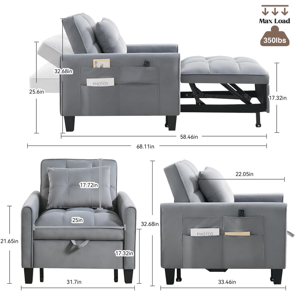 Convertible Sleeper Chair, 3 in 1 Sleeper Chair Bed Pull Out Sofa Bed Chairs, Single Sofa with Adjustable Backrest for Adults Reading Living Room, Bedroom, Black