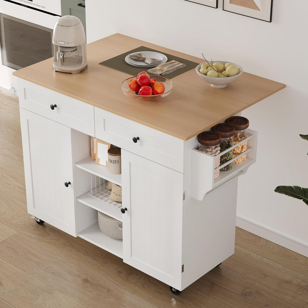 Furnify Kitchen Island with Wheels & Drawers, Kitchen Island Cart, White