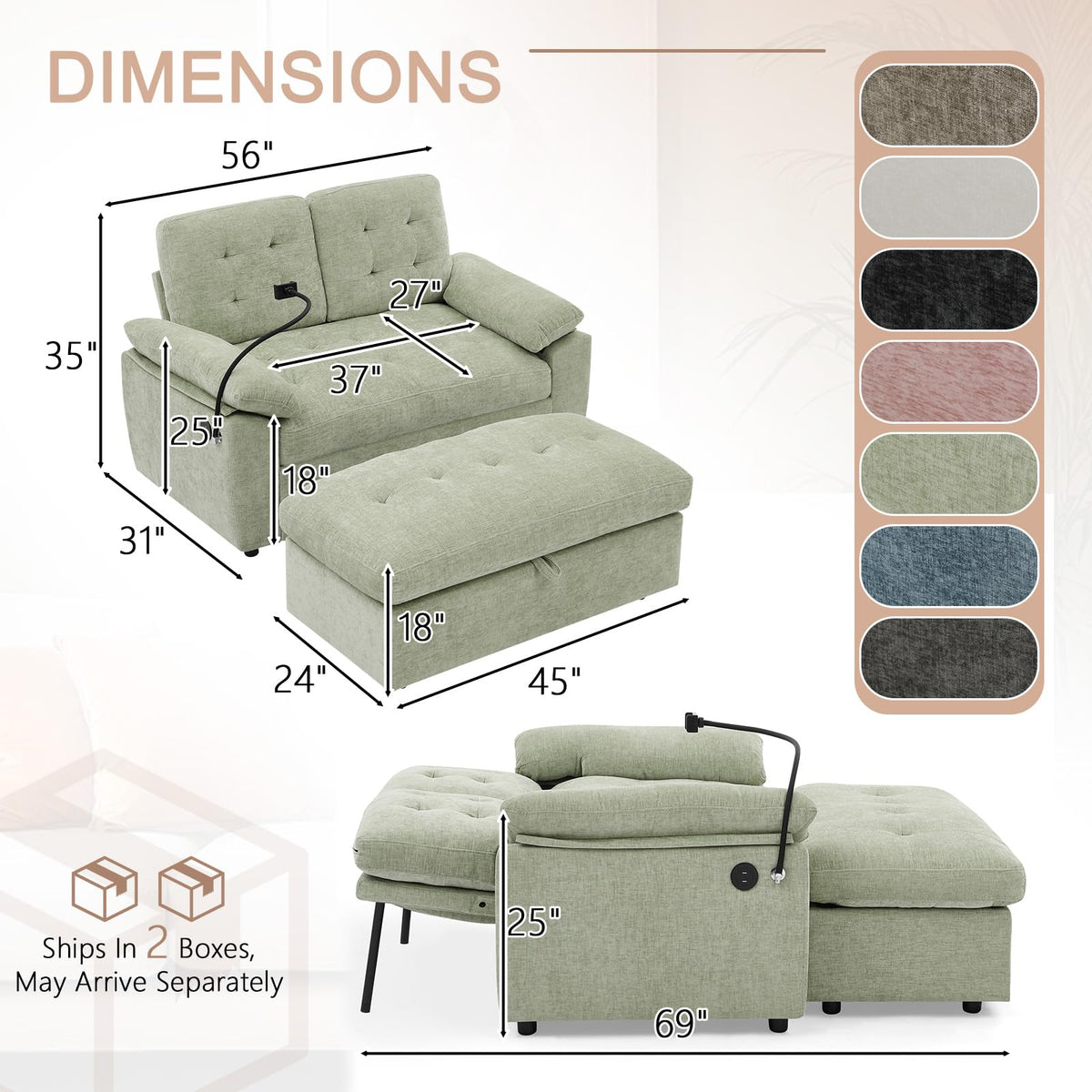Oversized Chaise Lounge Chair Indoor, Single Convertible Recliner Reading Arm Sofa Chair W/Adjustable Backrest & Charging Port Couch Bed for Living Room, Home Theater & Bedroom, Brown