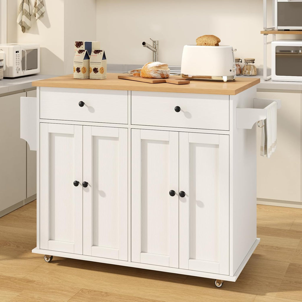 Kitchen Island with Storage, 35.4" Rolling Kitchen Island Cart on Wheels with 2 Drawers&Doors, Portable Kitchen Island Cart with Spice Rack&Towel Rack for Small Spaces Dining Room, White